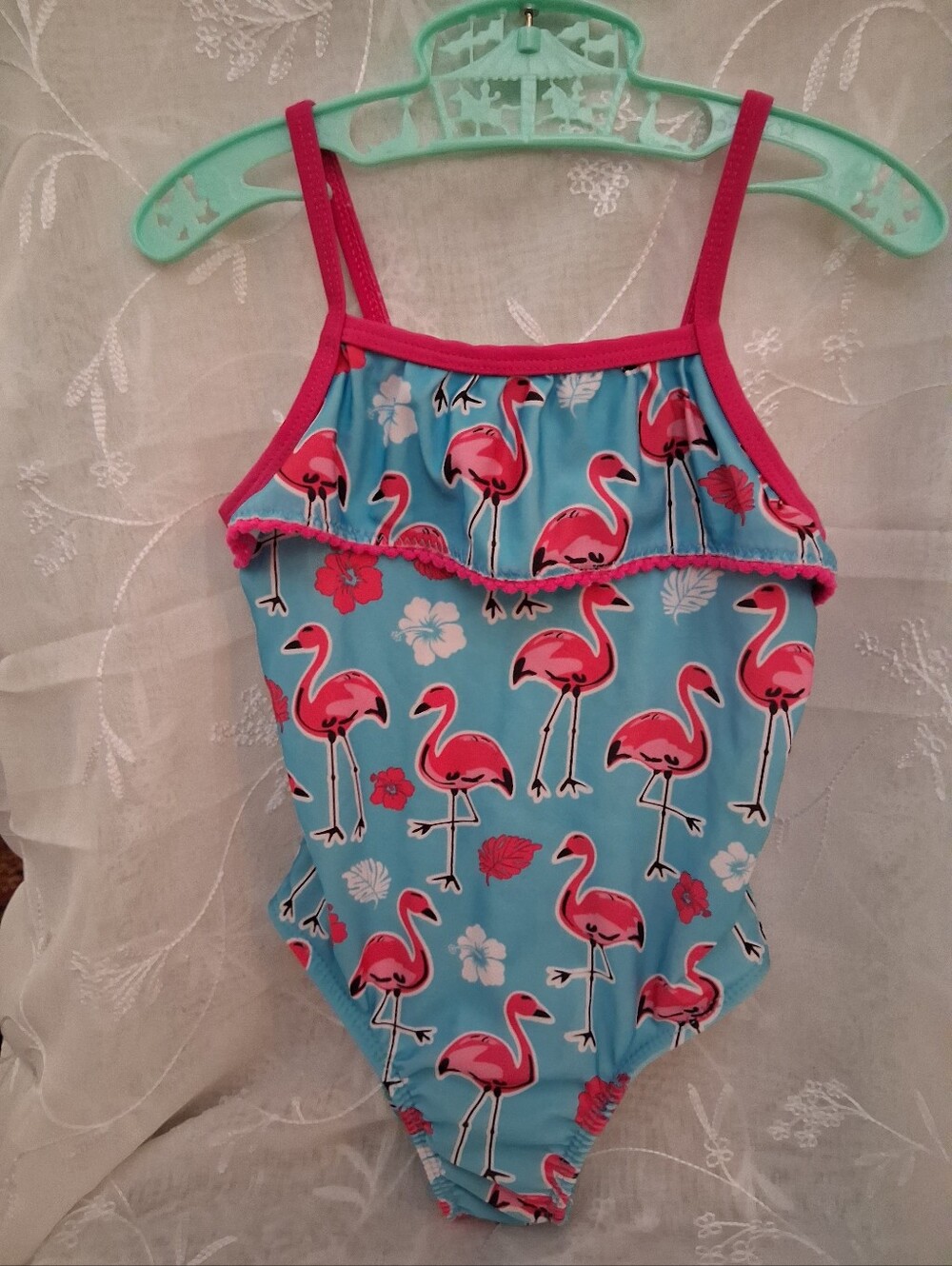 Blue And Pink Flamingo One-Piece Swimsuit - Pink on Aqua With Ruffle